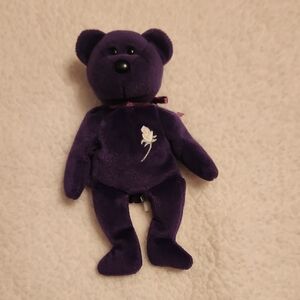 Vintage 90' Princess Diana Rosette Floral Embroidery TY Beanie Baby Purple Bear